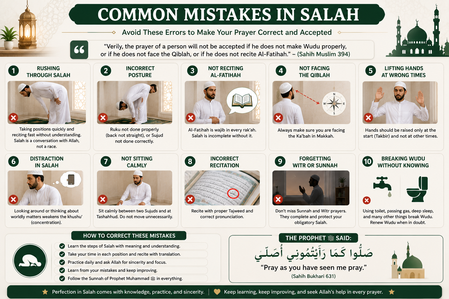 Beginner learning correct Sujud posture while avoiding common mistakes in Salah