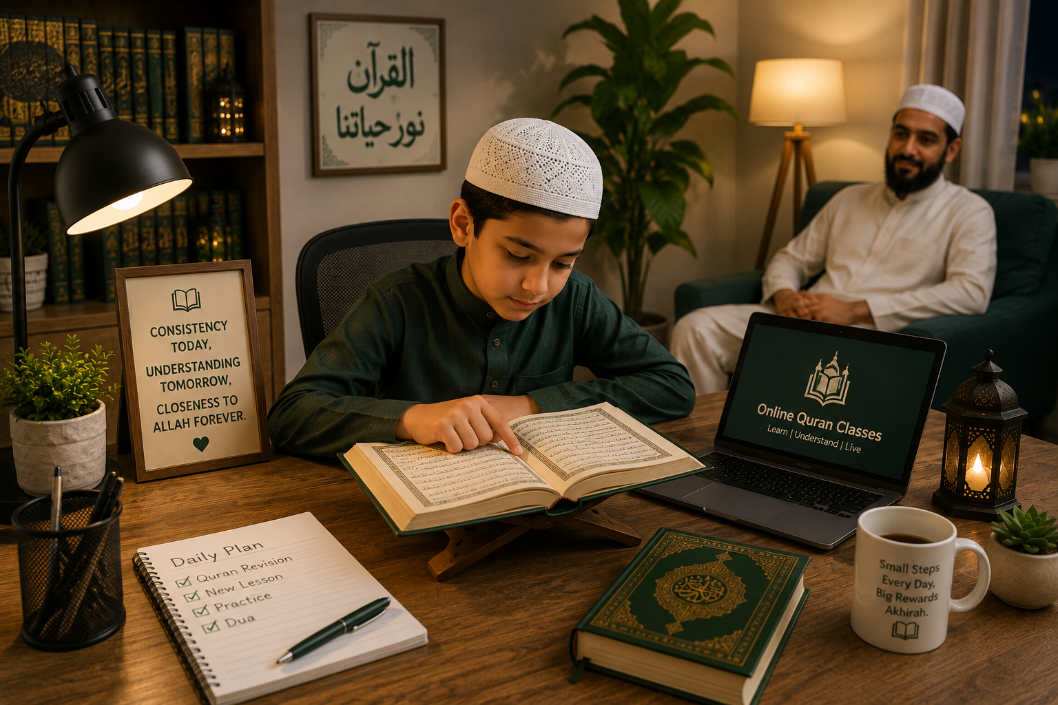 Child doing daily Quran revision at home between online Quran classes