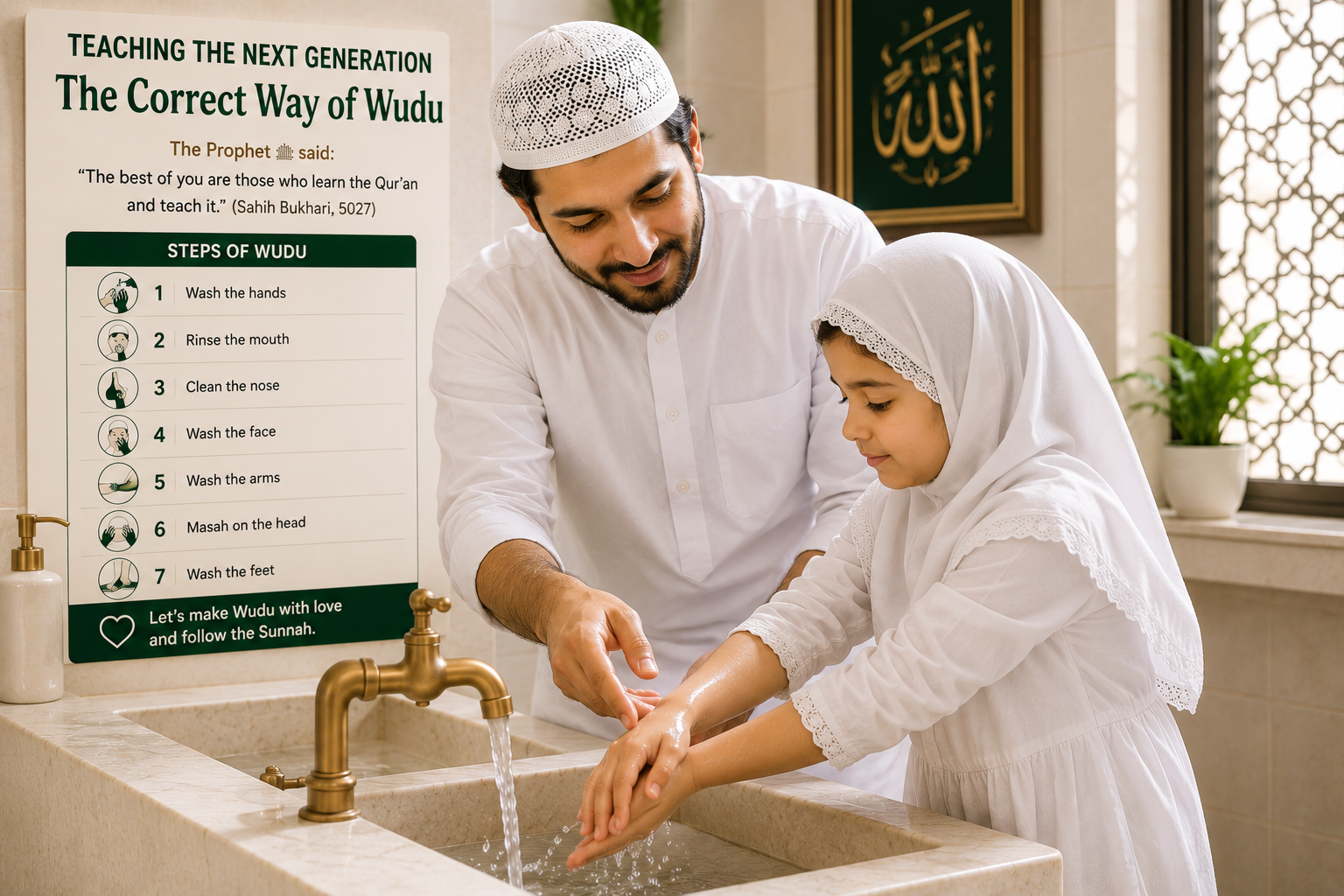 Father teaching daughter how to perform Wudu correctly