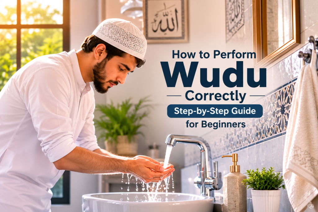 Muslim man performing Wudu before prayer at home