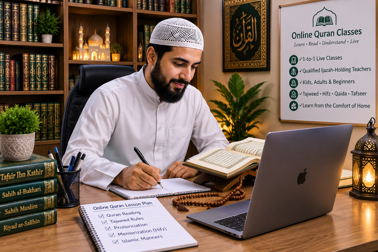 Qualified Ijazah-holding teacher preparing for an online Quran lesson