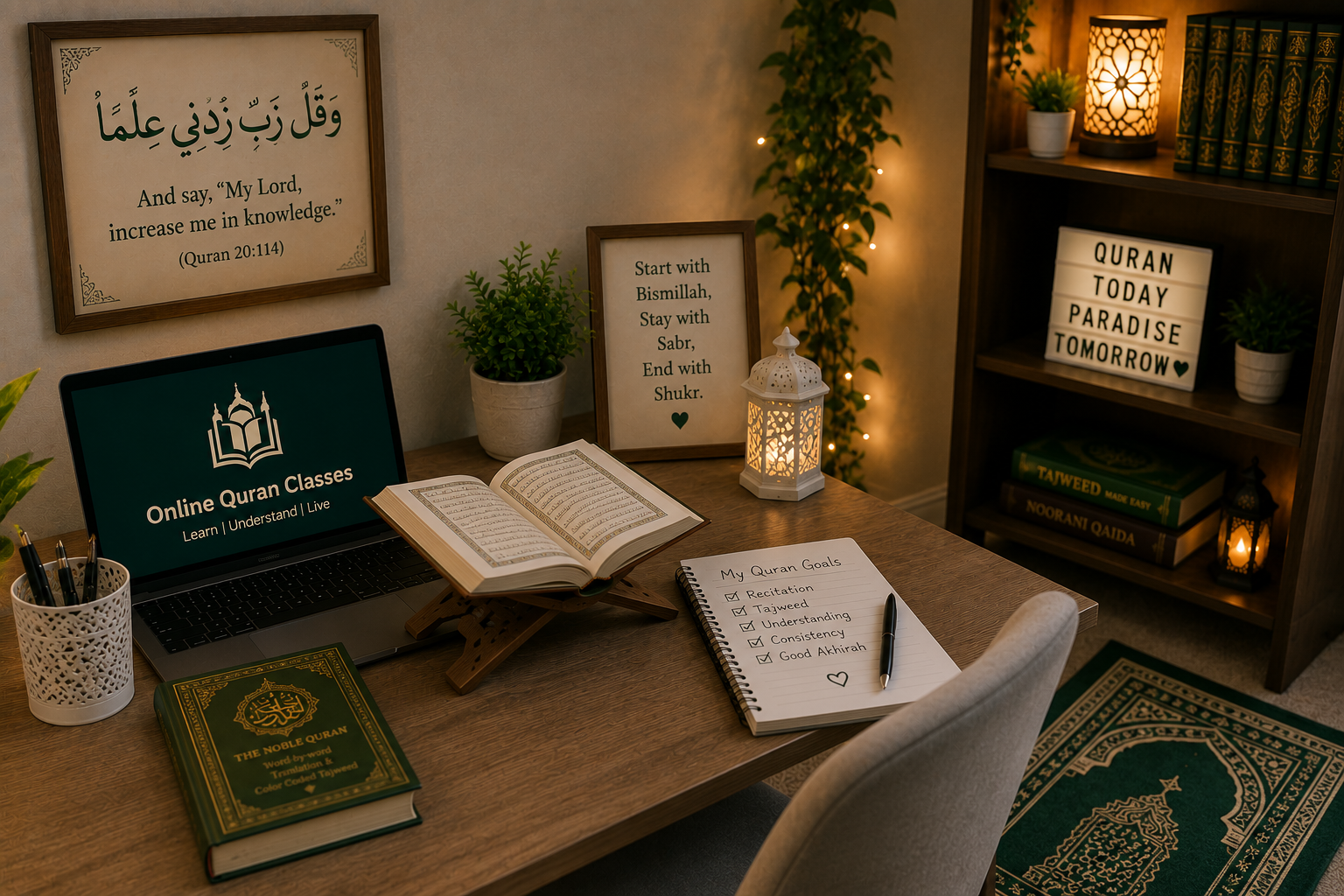 Quiet study space set up at home to begin online Quran classes