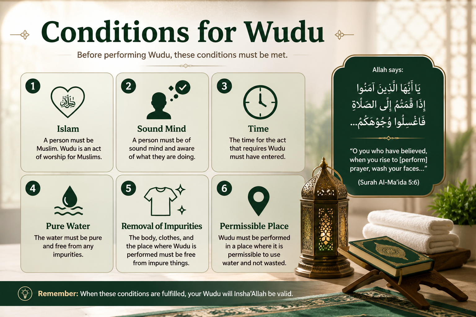 Infographic showing conditions for a valid Wudu in Islam
