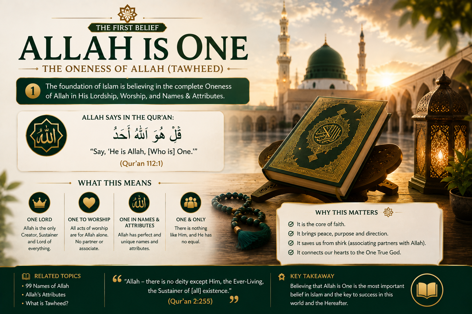Allah is One — Tawheed, one of the core beliefs about Allah in Islam