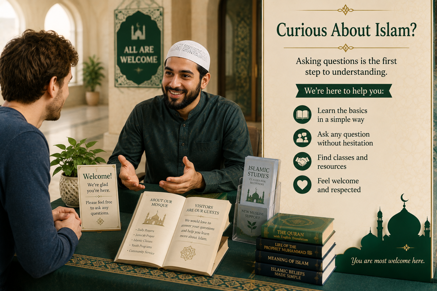 Curious about Islam — a visitor asking questions at a mosque