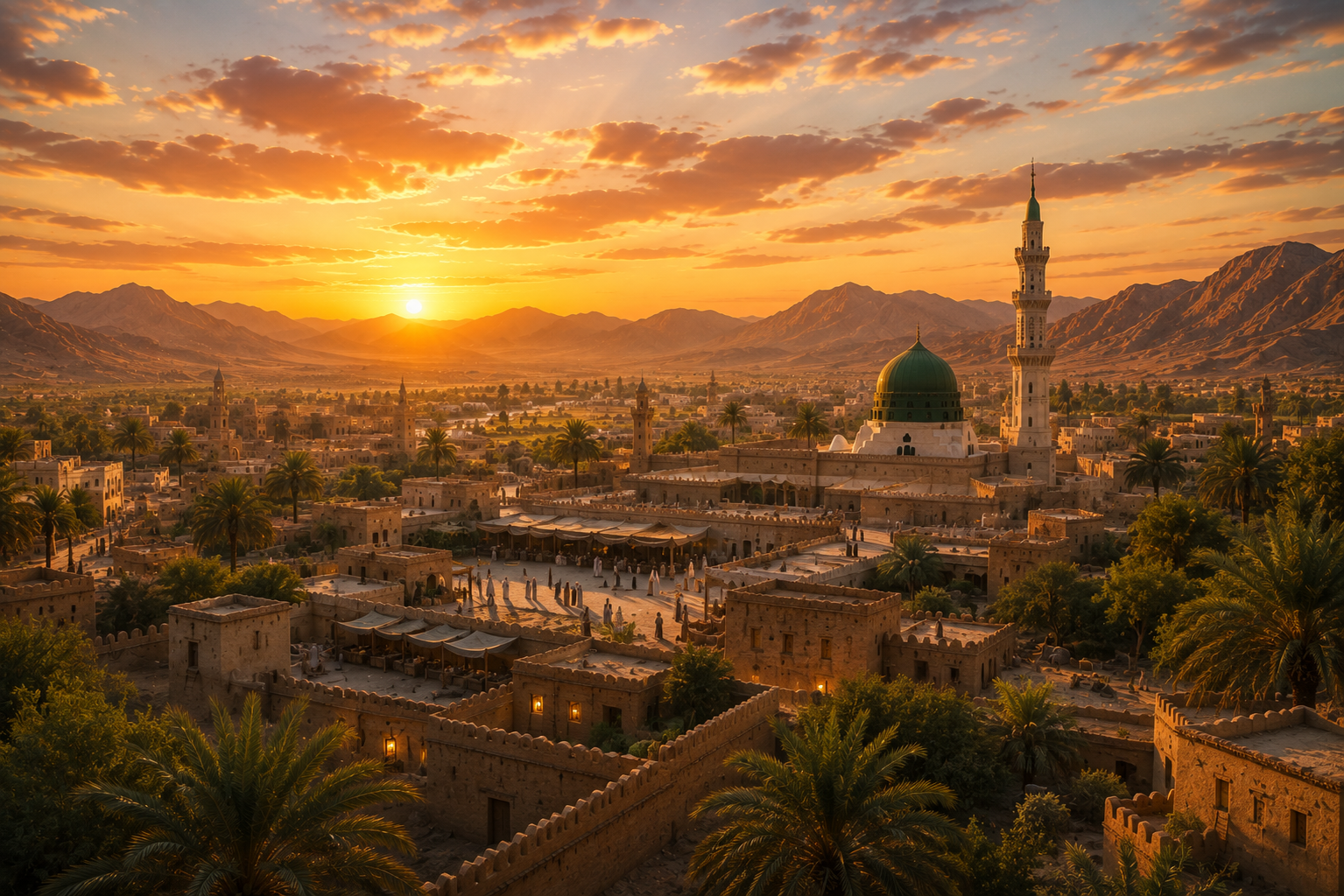 Historic mosque architecture and Madinah cityscape at golden hour, symbolic of the early Muslim community