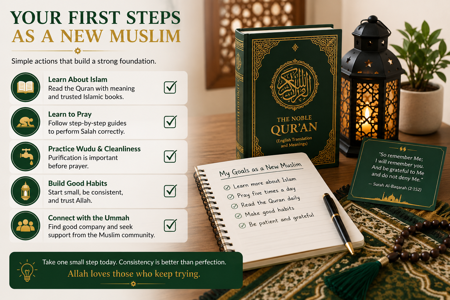 A checklist of first steps for a new Muslim after saying the Shahada