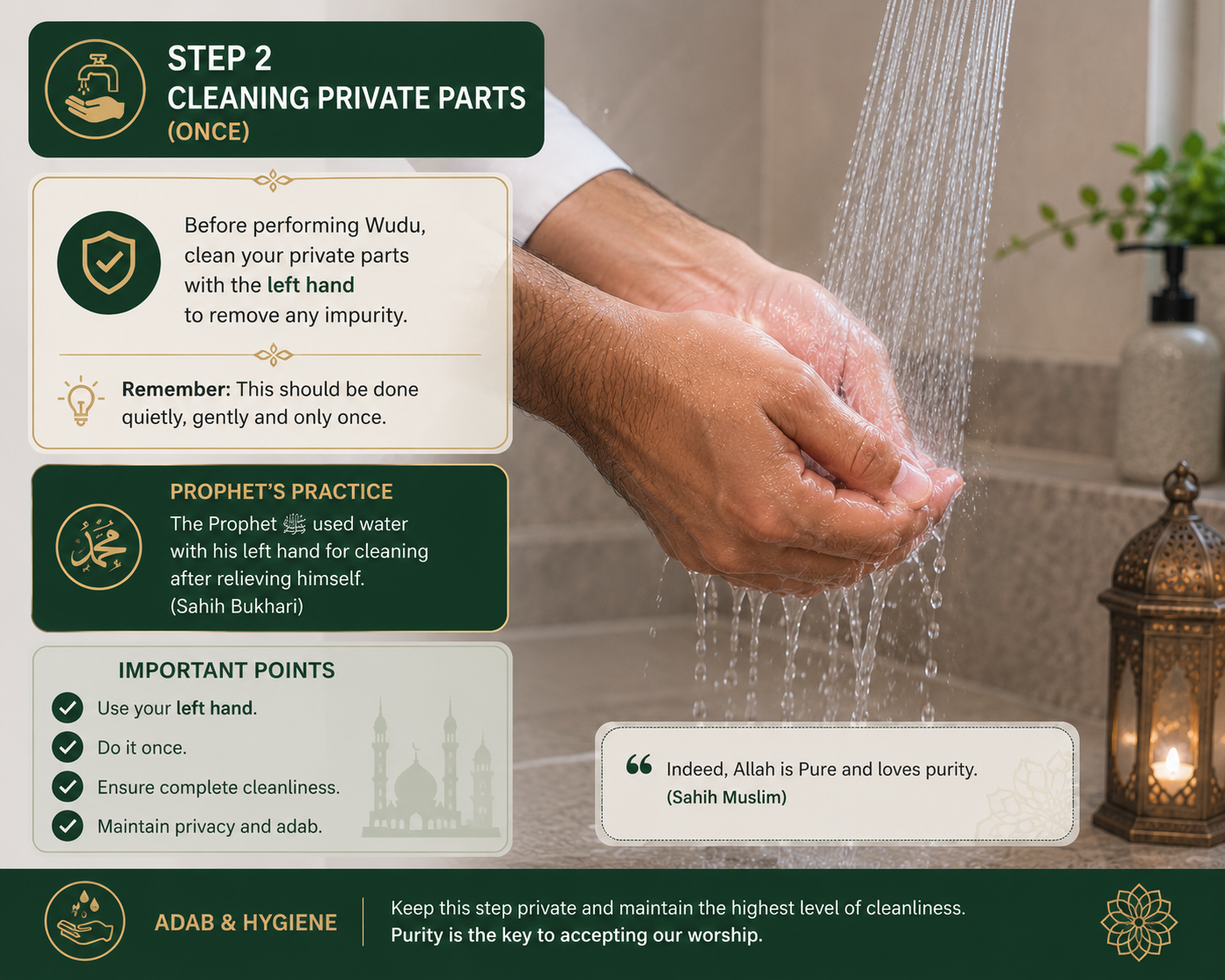 Step 2 of Ghusl — washing away impurity before bathing