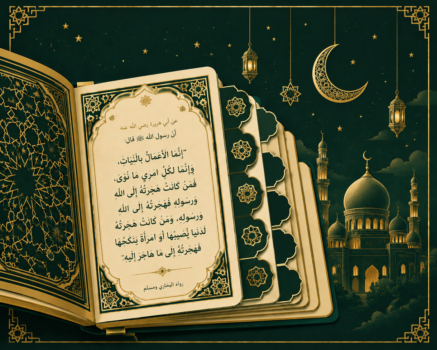 Hadith by topic finder shown as an illuminated manuscript index of topic folios