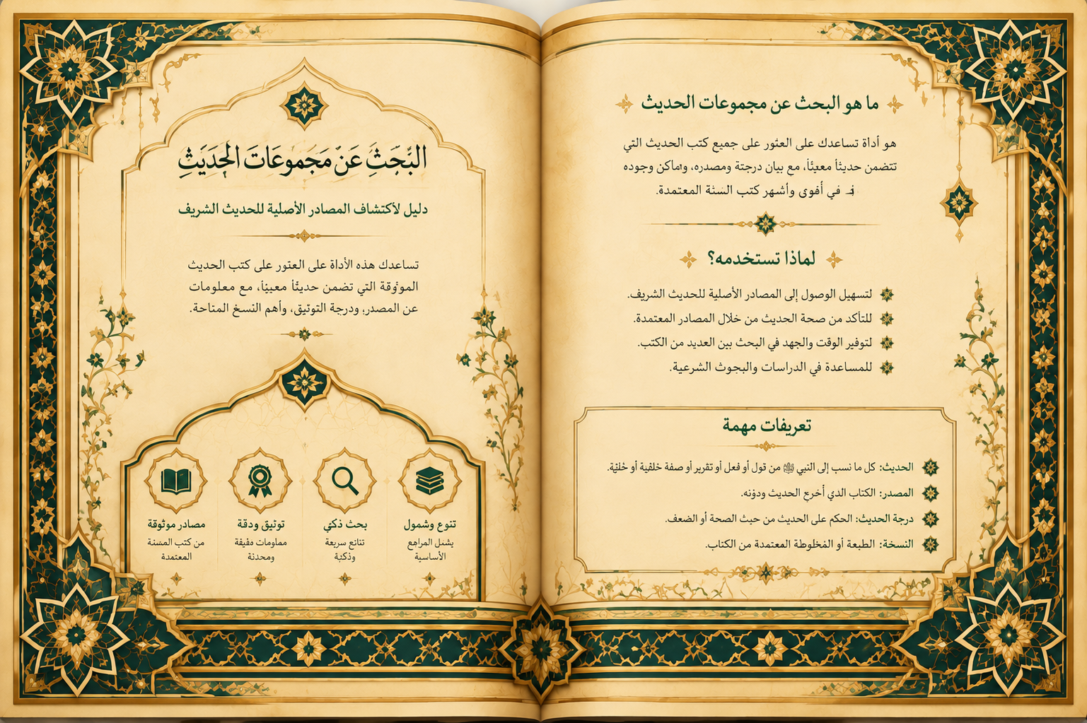 Hadith collection finder screenshot showing a manuscript-style results folio