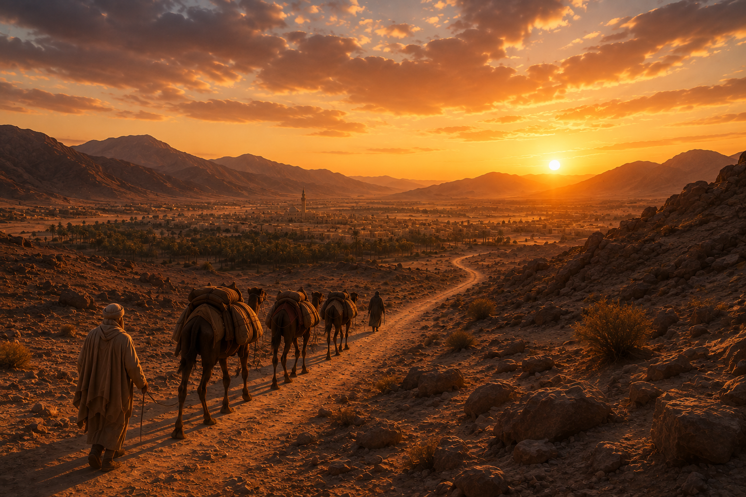 Desert caravan route at dusk, symbolic of the Hijrah journey from Makkah to Madinah