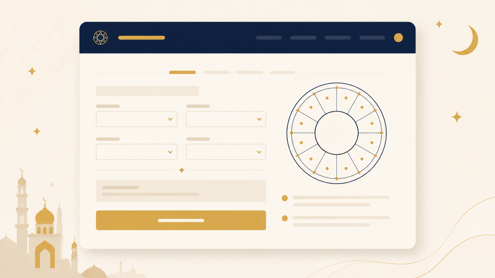 Hijri Date Converter results screen showing a converted Islamic date and lunar month wheel
