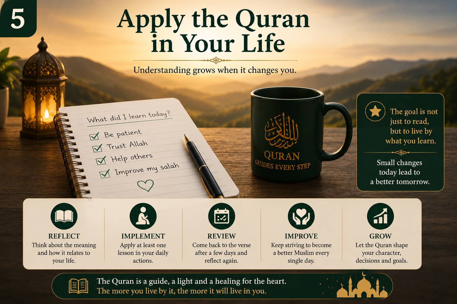 Hands turning the pages of a Quran with a journal open beside it, representing applying Quranic lessons to daily life
