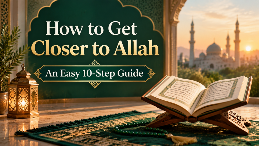 Open Quran and prayer mat showing how to get closer to Allah through worship and faith