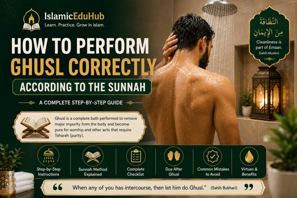 Muslim performing Ghusl correctly according to the Sunnah in a clean bathroom before prayer.
