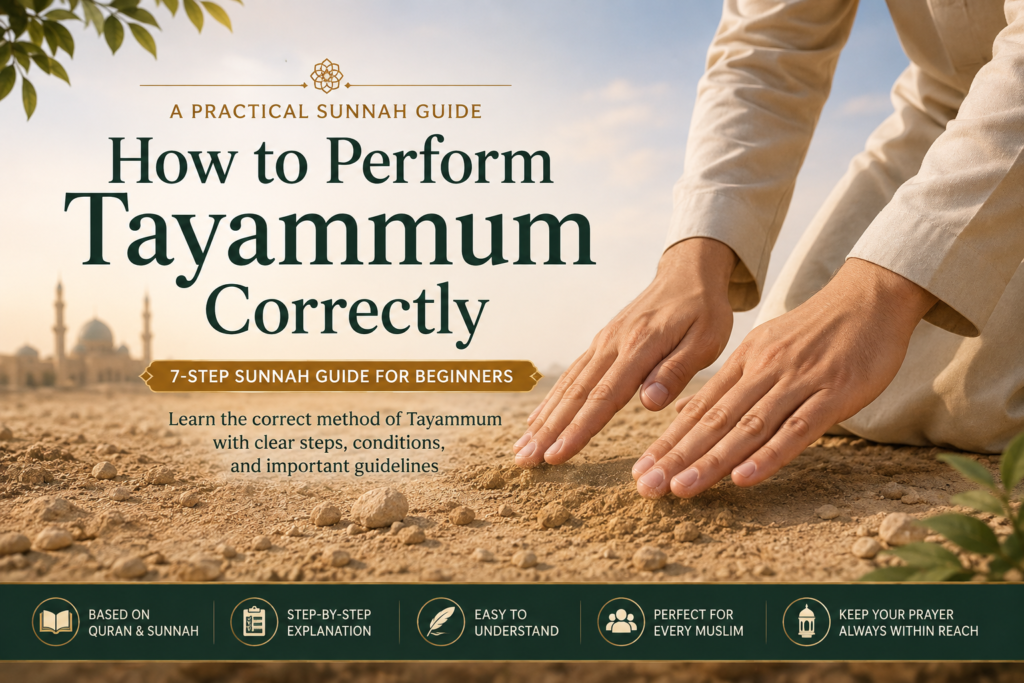Muslim performing Tayammum correctly according to the Sunnah using clean natural earth before Salah.
