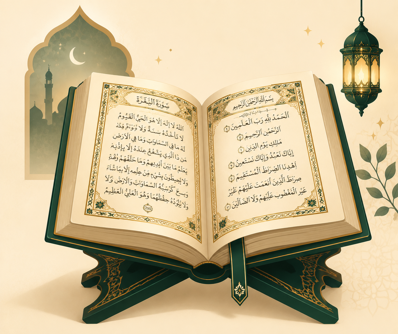 Illustration of an open Mushaf representing the Quran Page Finder tool