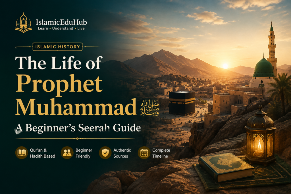 Life of Prophet Muhammad Seerah guide with Islamic historical landscape