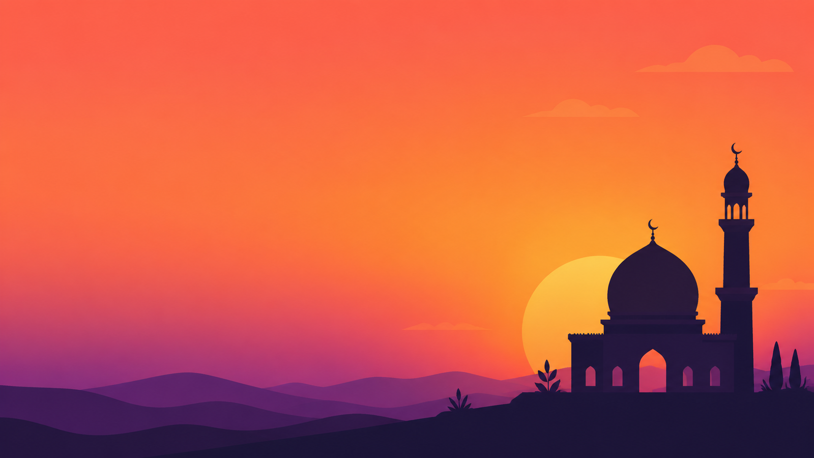 Maghrib time finder hero illustration of the sun setting behind a mosque silhouette