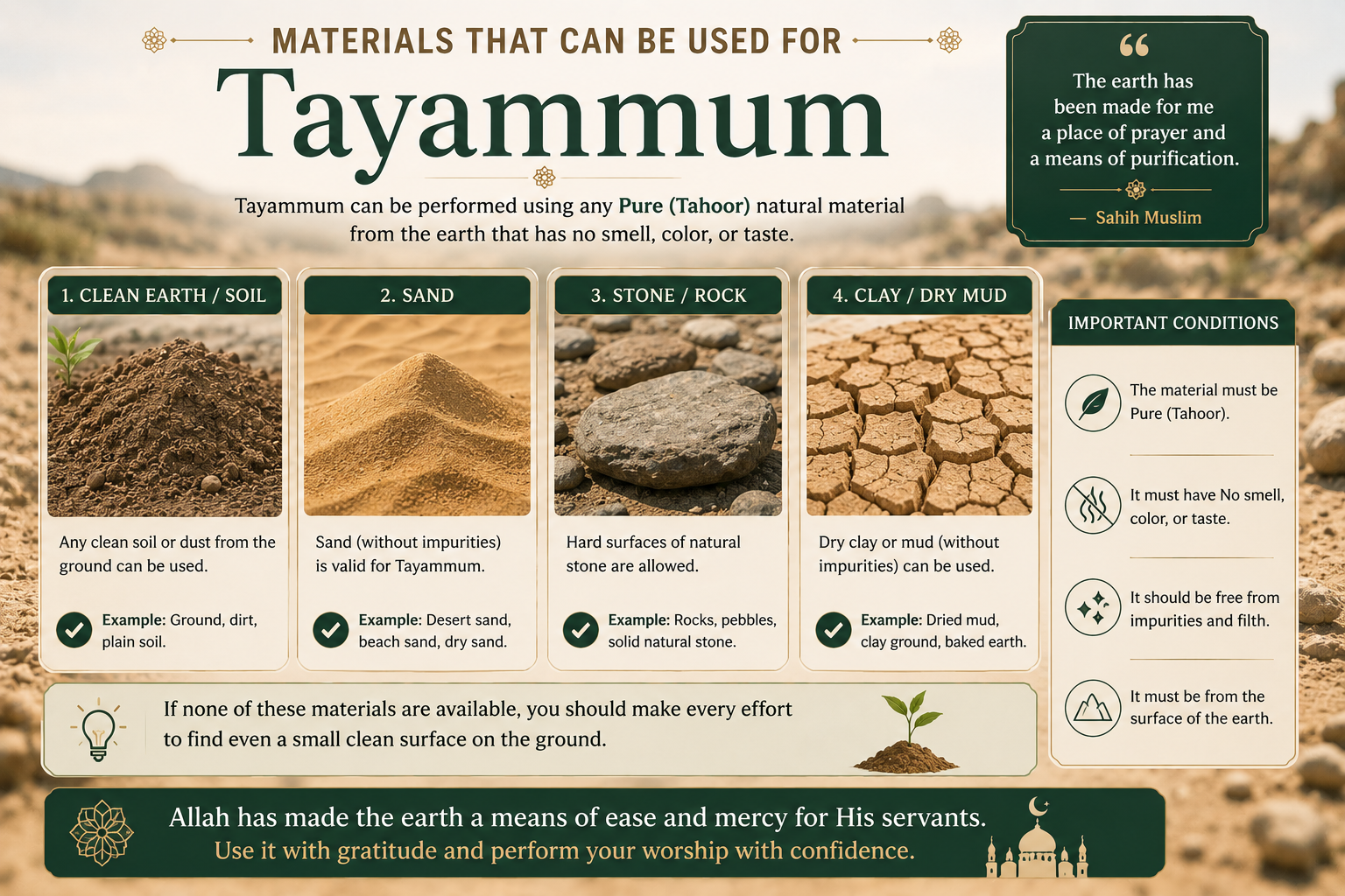 Materials that can be used for Tayammum — earth, sand, dust, stone