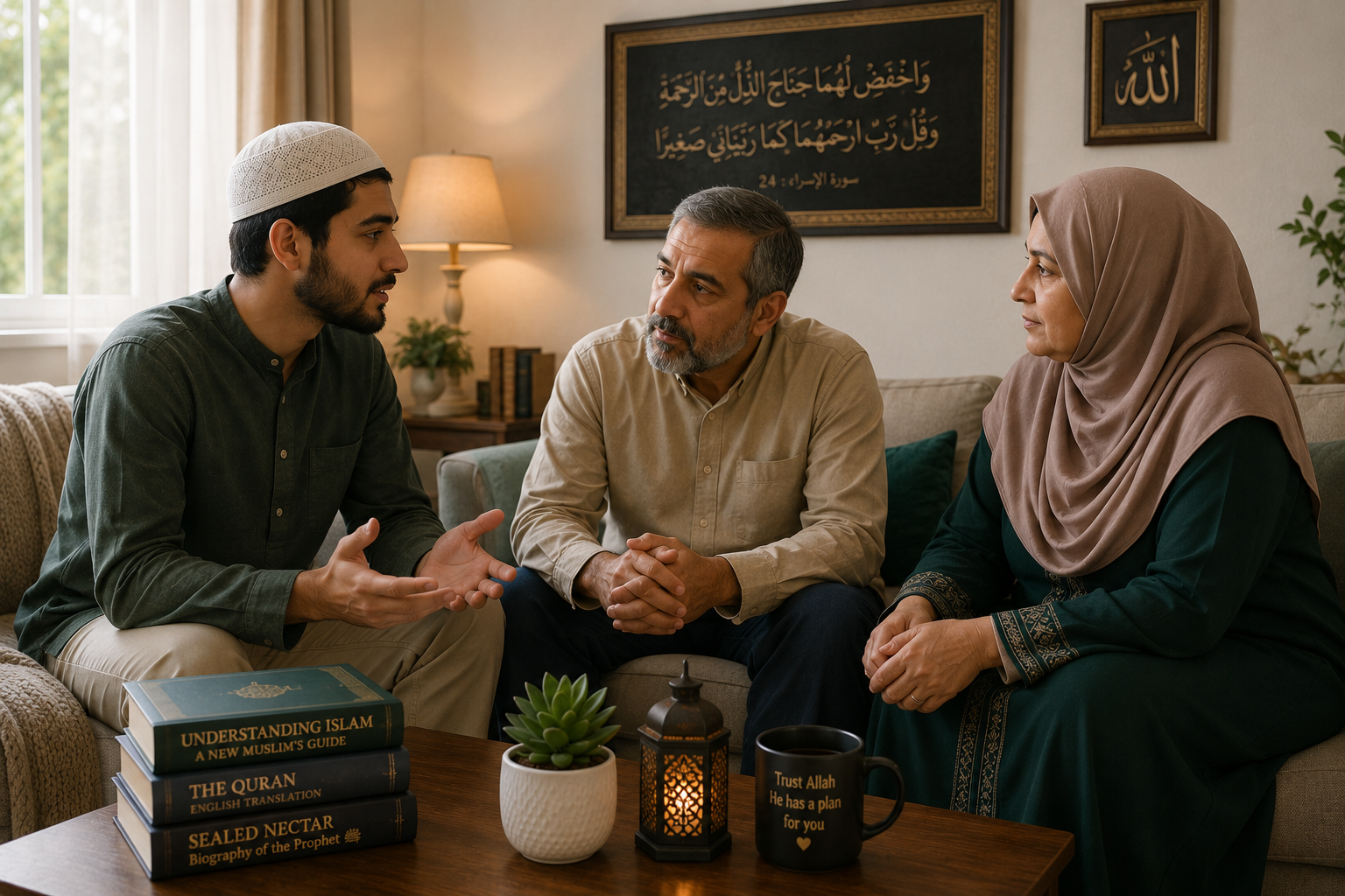 A new Muslim having a calm conversation with family