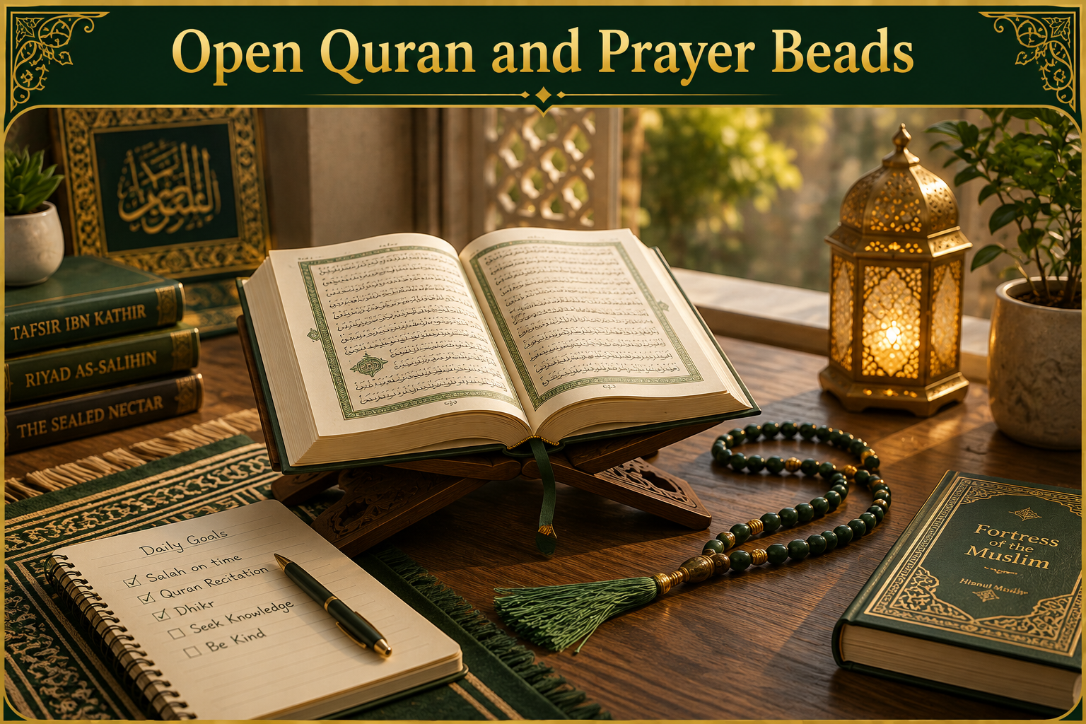 Open Quran and prayer beads on a study desk