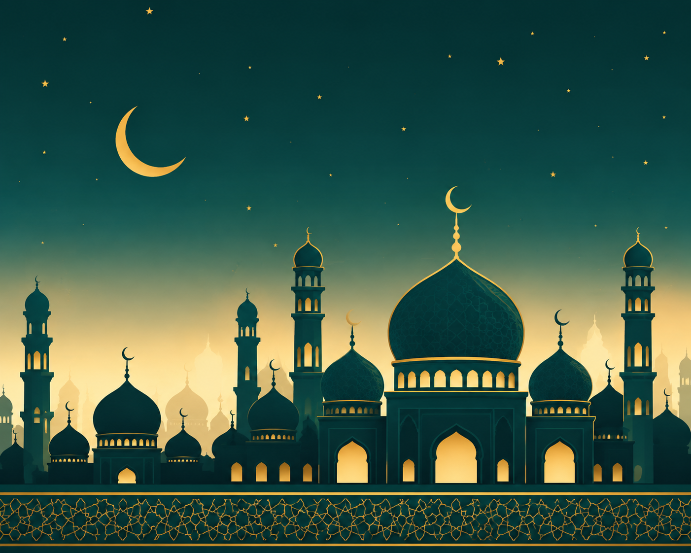 Prayer time calculator hero illustration of a mosque skyline at dusk with crescent moon