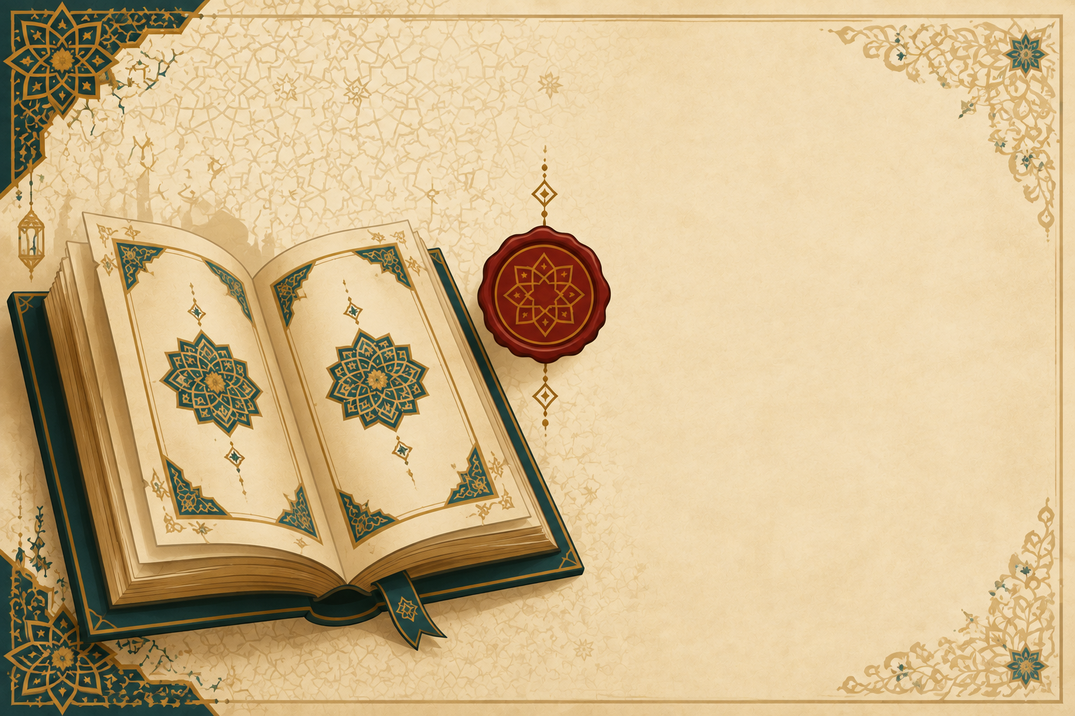 Sahih Hadith Finder tool illustration showing an illuminated manuscript and an authenticity seal