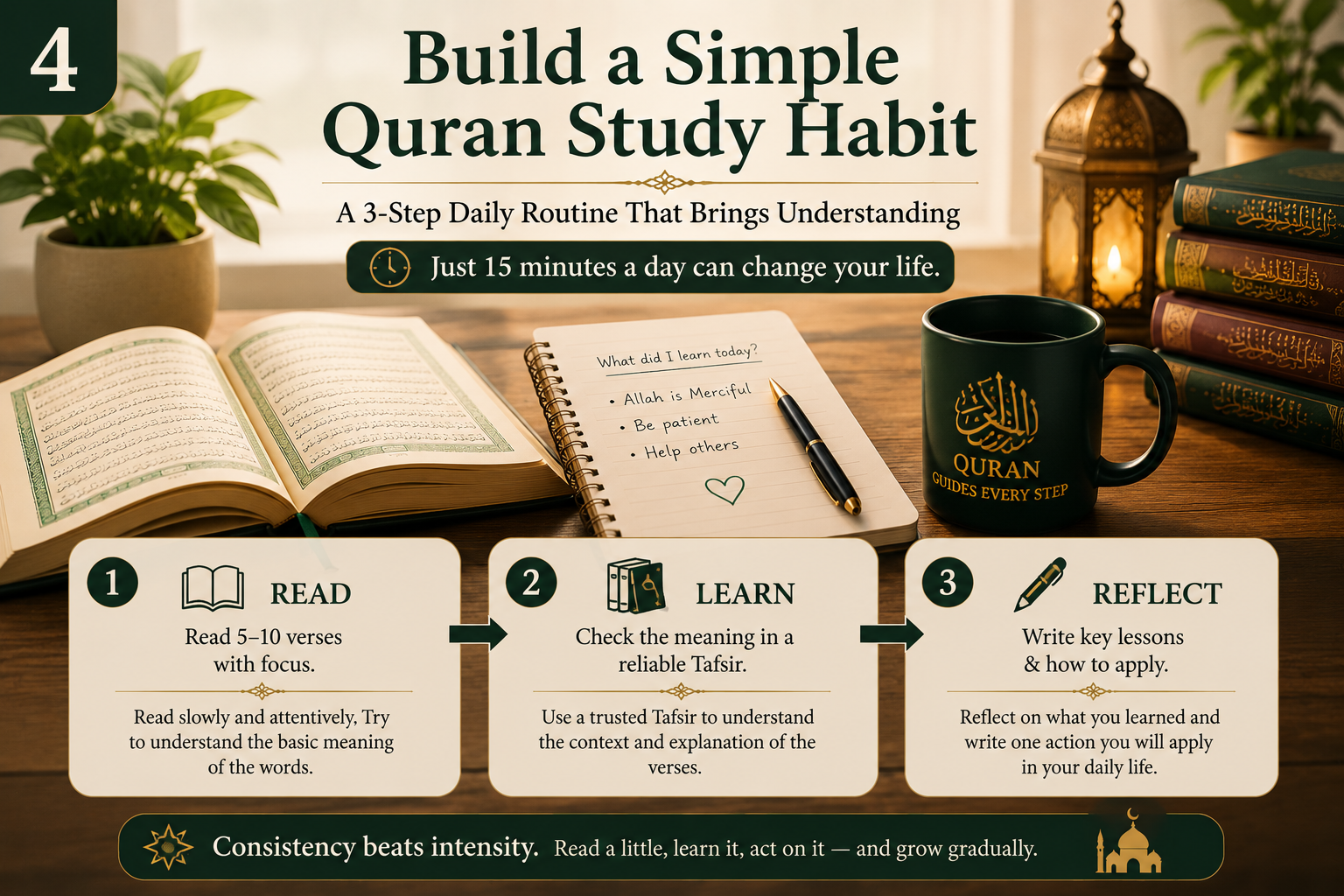 A simple daily Quran study setup with an open Quran, notebook, and pen for beginners