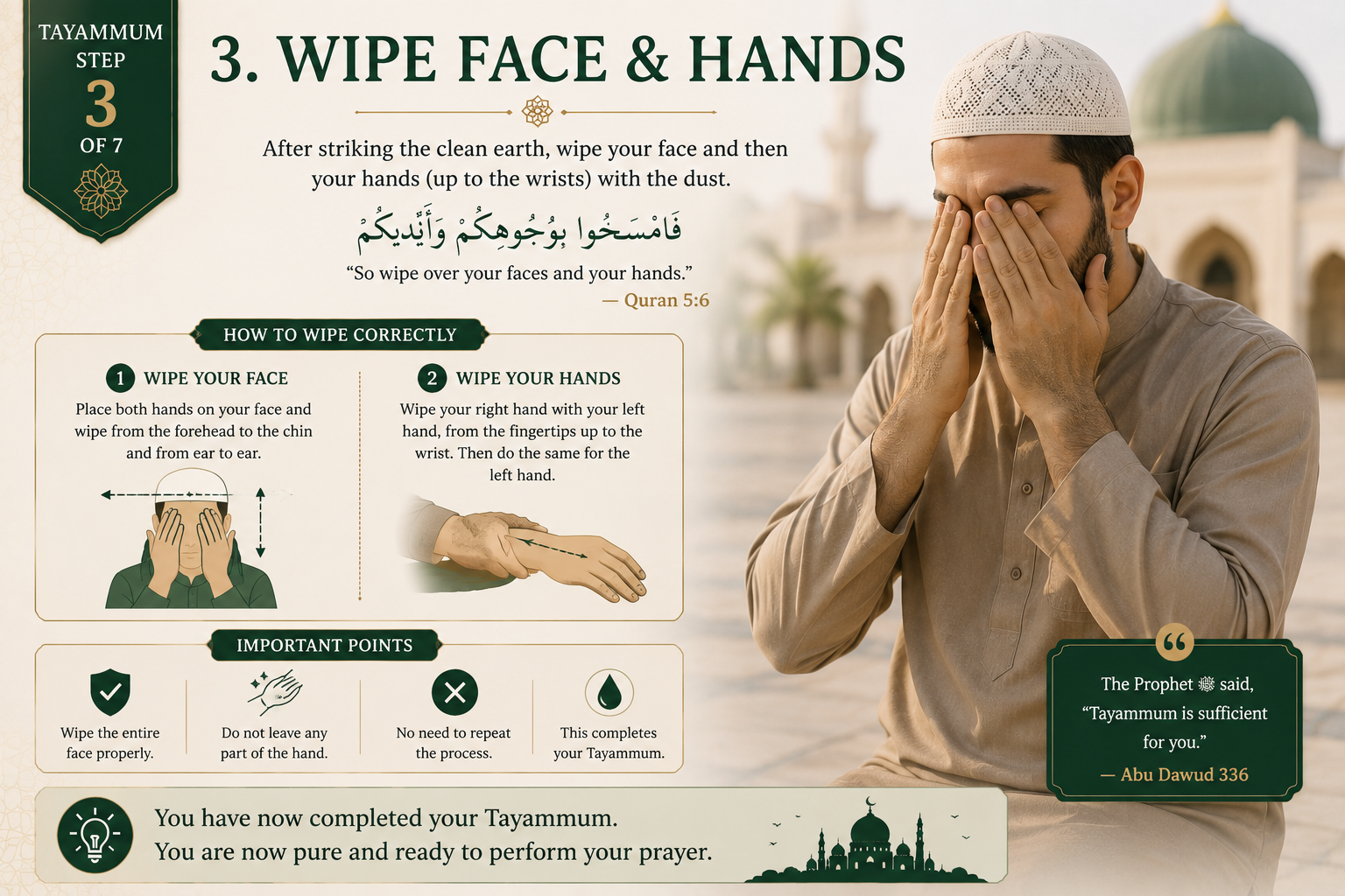 Tayammum step 3 — wiping the face and hands