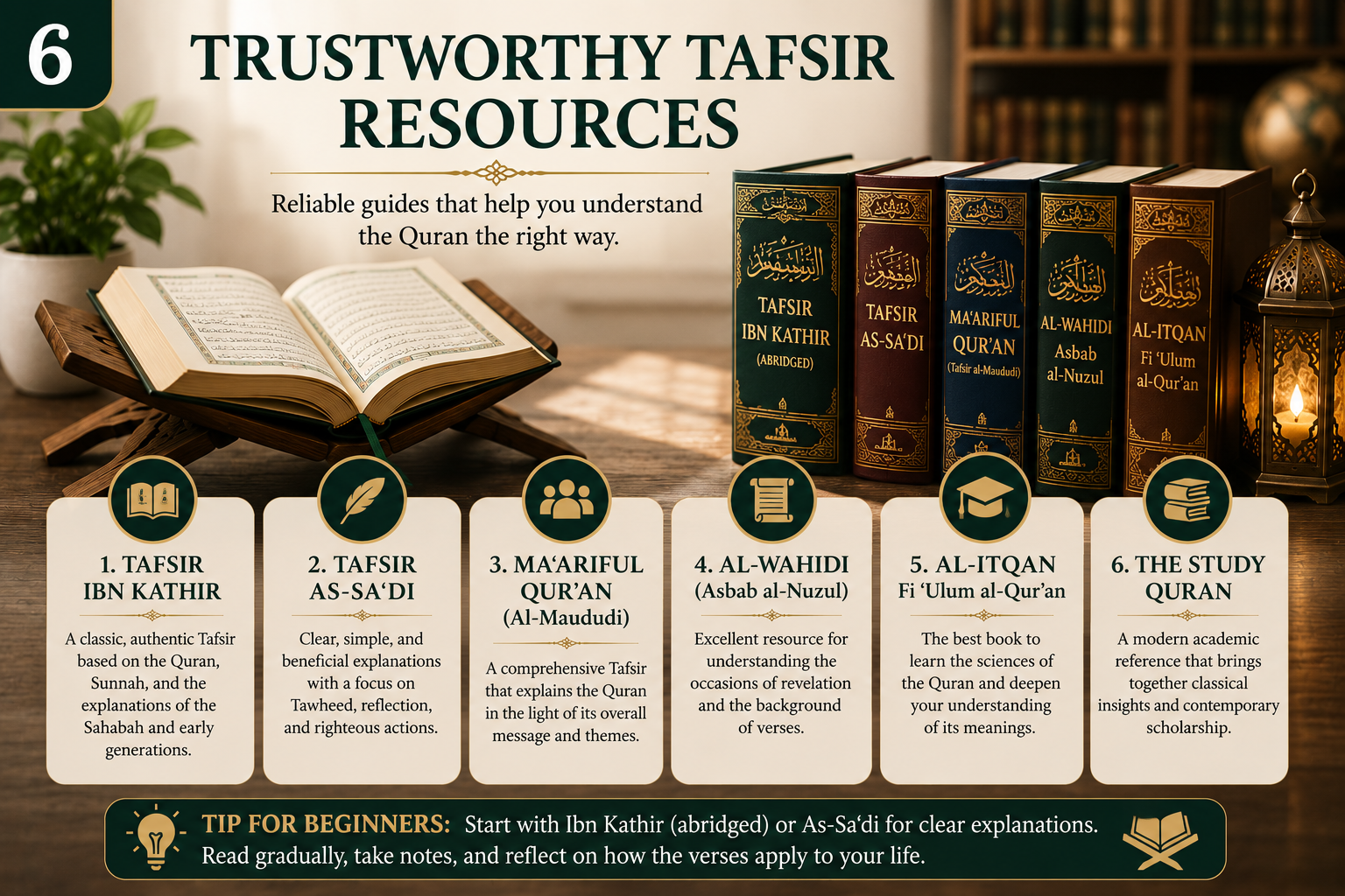 A small stack of trustworthy Tafsir and translation books beside a Quran