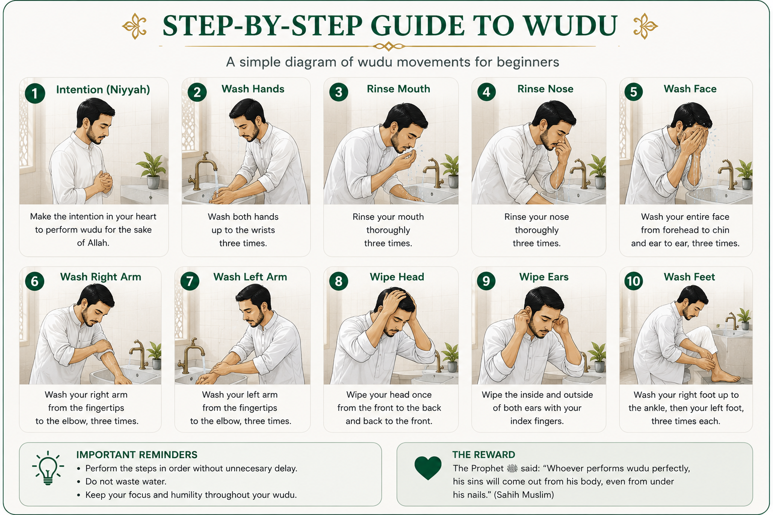 Wudu steps for new Muslims — step-by-step purification diagram