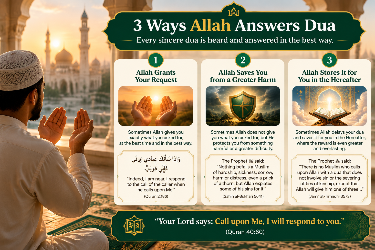 Why is my dua not accepted — the three ways Allah answers a dua: He gives what was asked, stores a greater reward for the Hereafter, or averts an equal harm
