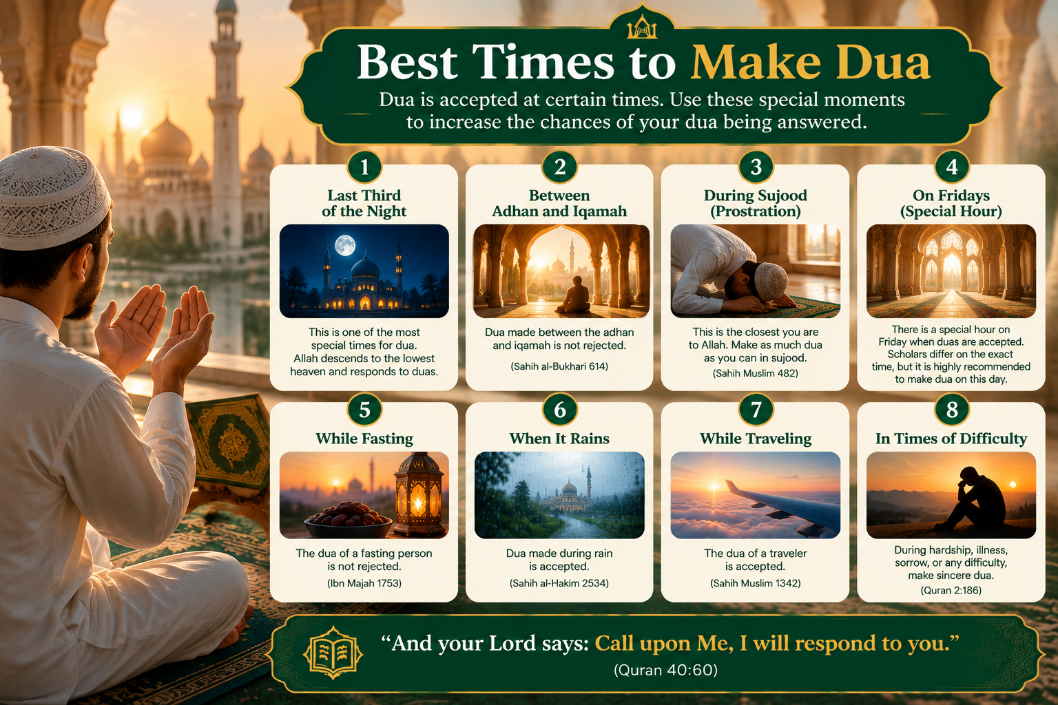 Best times to make dua in Islam: last third of the night, between adhan and iqamah, in sujood, last hour of Friday, and while fasting
