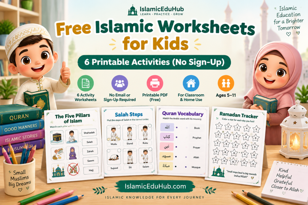 Free Islamic worksheets for kids with printable activities for Salah, Five Pillars, Quran vocabulary, Islamic manners, and Ramadan learning
