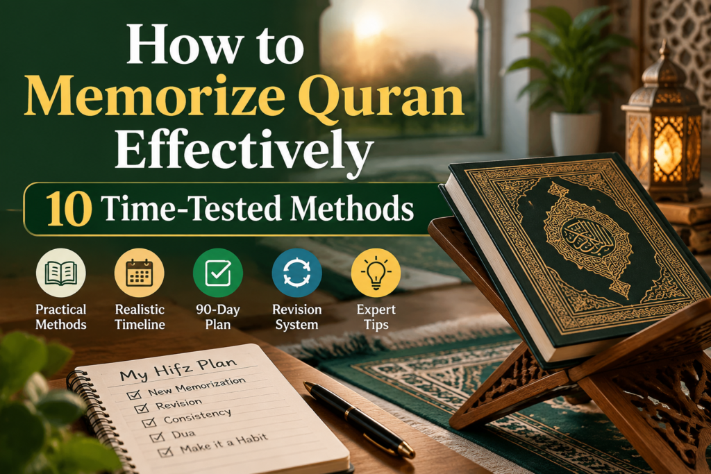 Student memorizing Quran using a Mushaf with a structured Hifz plan