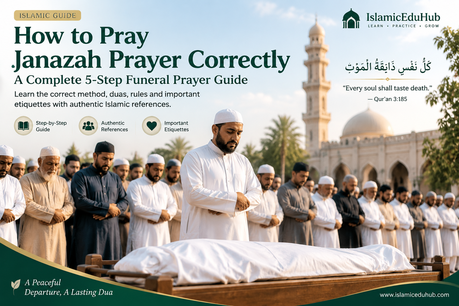 How to pray Janazah prayer correctly with Muslims standing in rows for Islamic funeral prayer