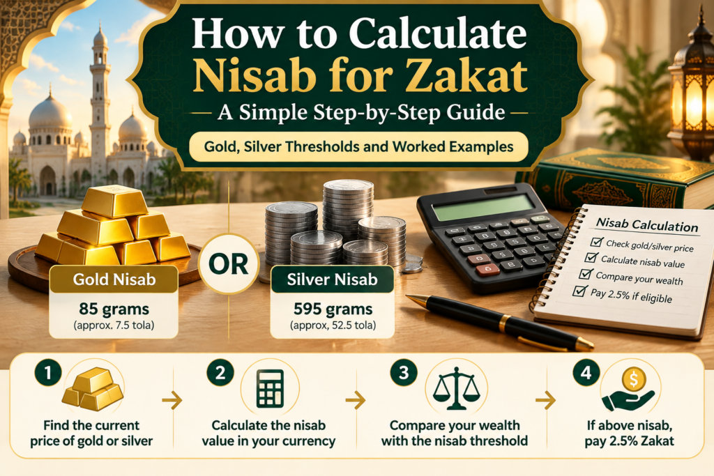 How Zakat is calculated in Islam with Nisab, 2.5 percent formula, examples and calculator guide