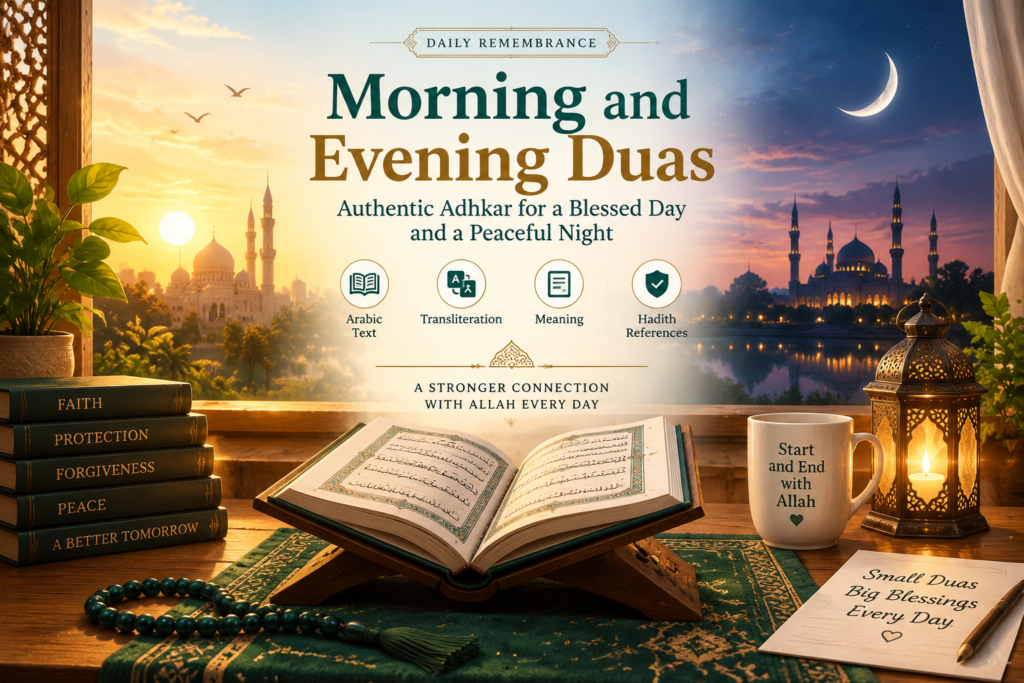 Morning and evening duas with Arabic text, translation, and hadith references