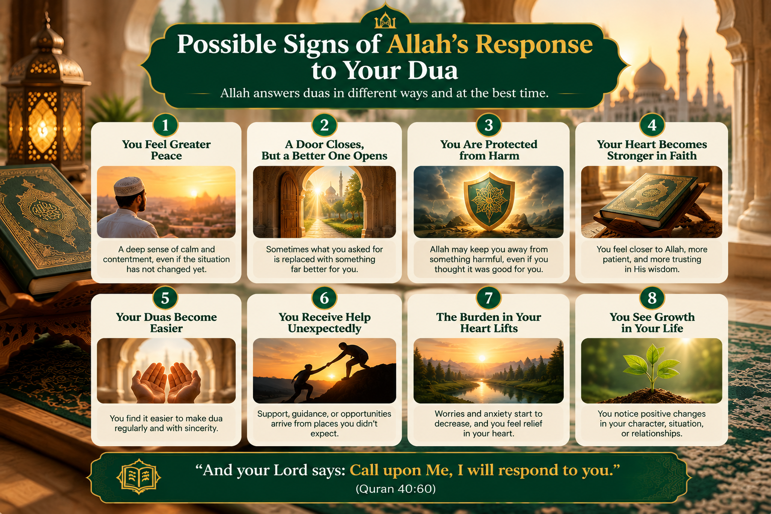 Possible signs Allah accepted your dua: a calm heart, a stronger pull to keep asking, a better door opening, and a feared harm averted