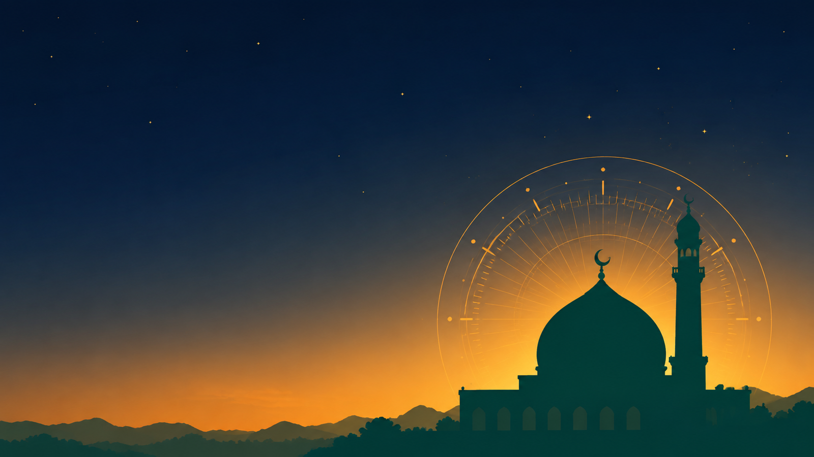 Mosque silhouette with a glowing countdown clock at dusk
