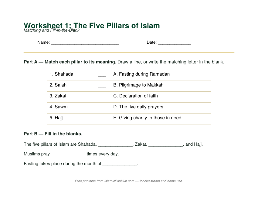 Preview of the Five Pillars of Islam worksheet with matching and fill-in-the-blank activities