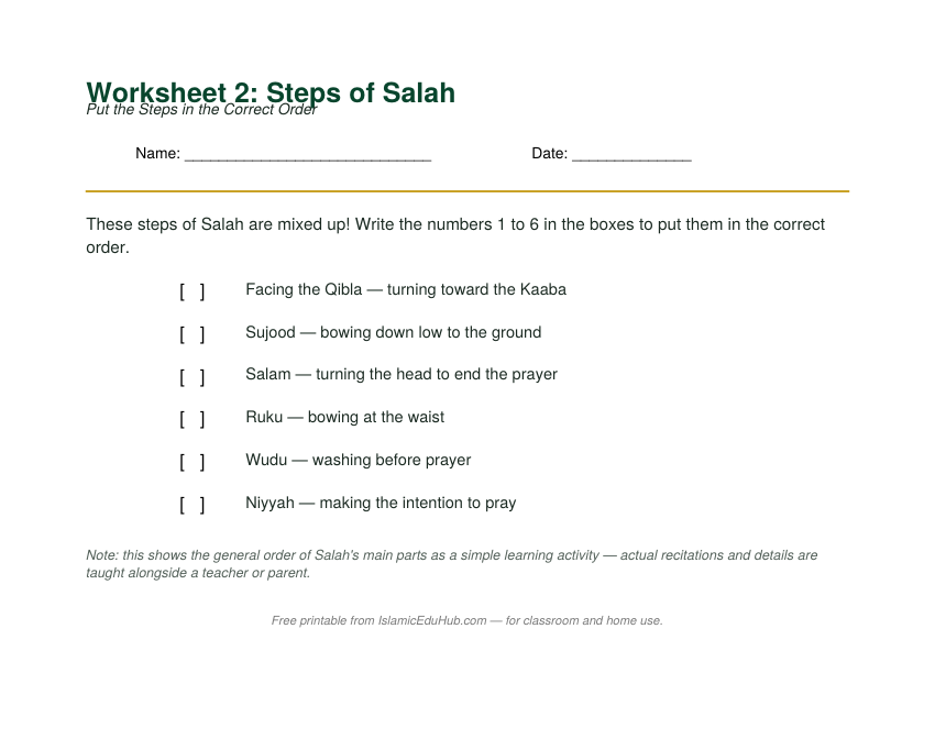 Preview of the Salah steps worksheet for kids to put in the correct order