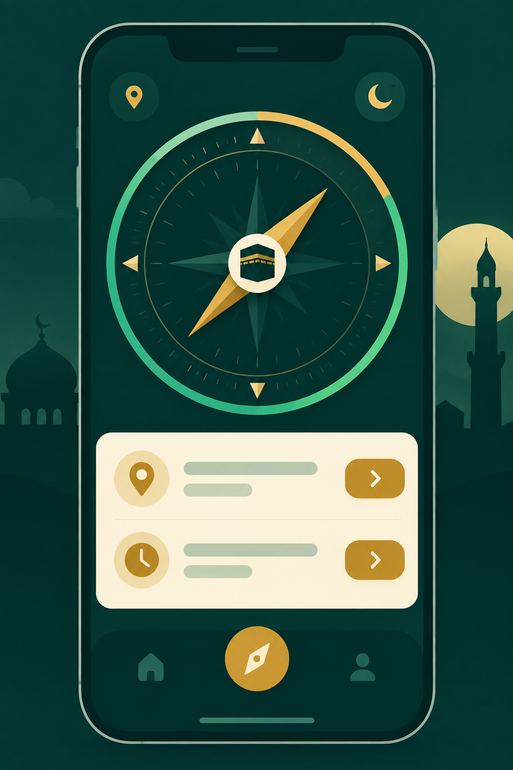 Qibla Compass screenshot showing the live rotating dial and calibration indicator