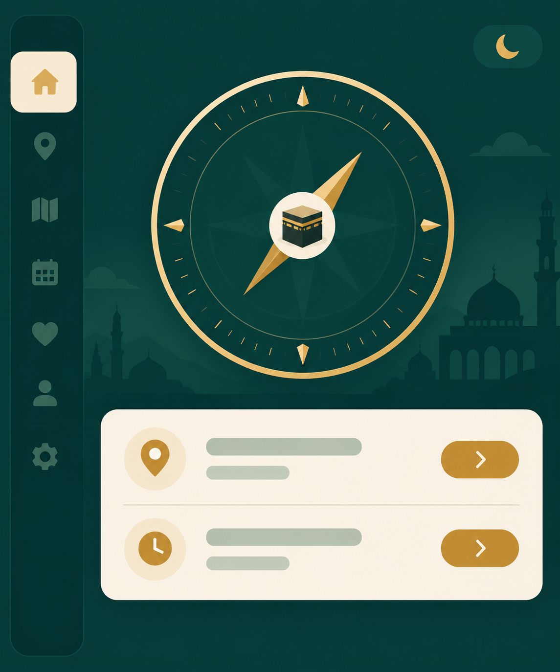 Qibla Direction Finder screenshot showing the compass bearing and distance to Makkah