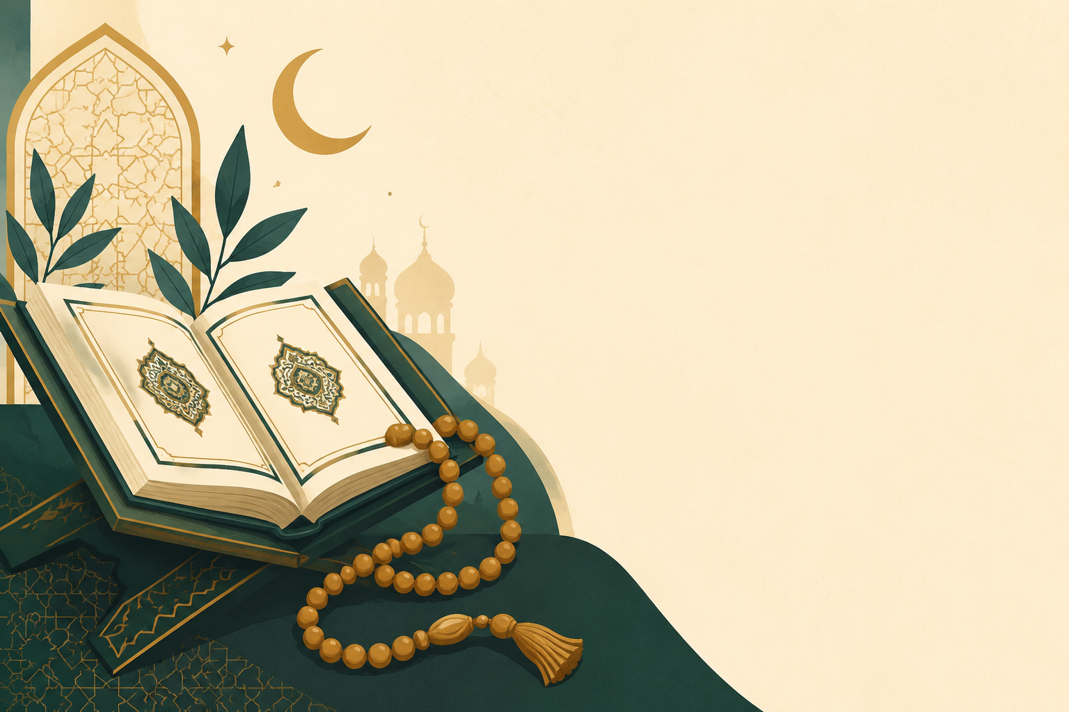 Quran reading tracker hero illustration with a misbaha prayer beads strand and an open Quran