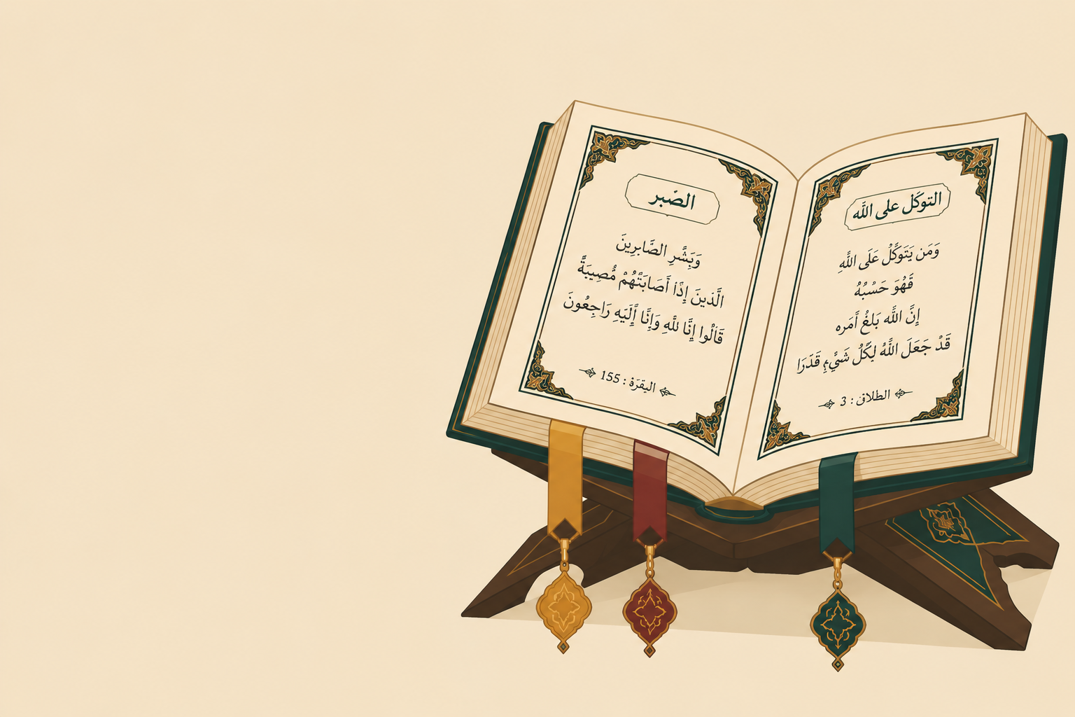Quran verse by topic finder illustration of an open Quran manuscript with illuminated margin bookmarks for different life situations