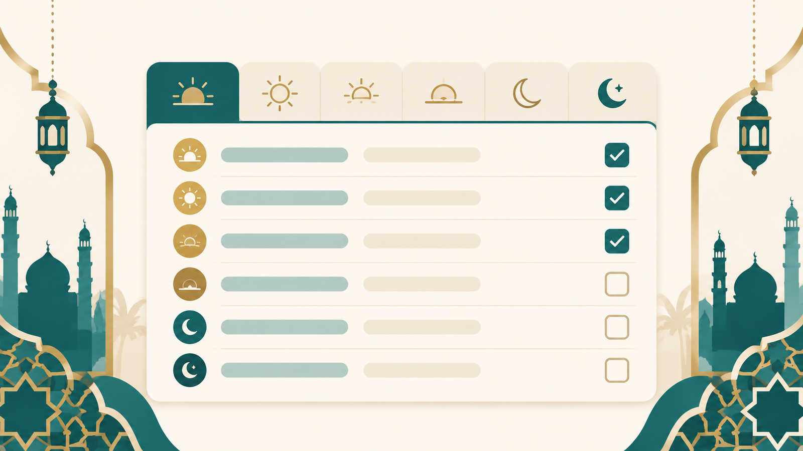 Rakat calculator app preview showing prayer tabs and rak'ah checklist