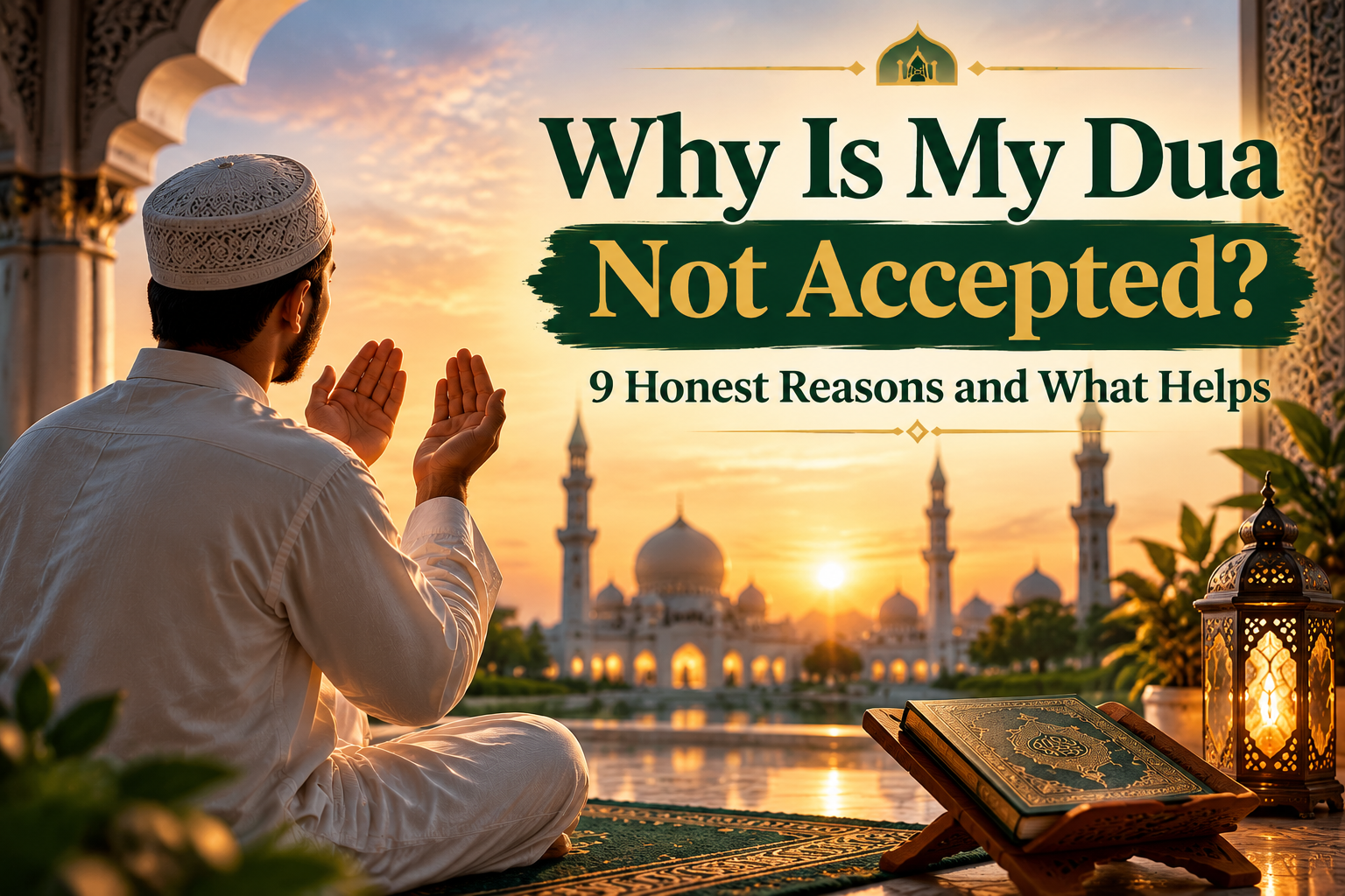 Why is my dua not accepted — man raising hands in dua at sunset near a mosque
