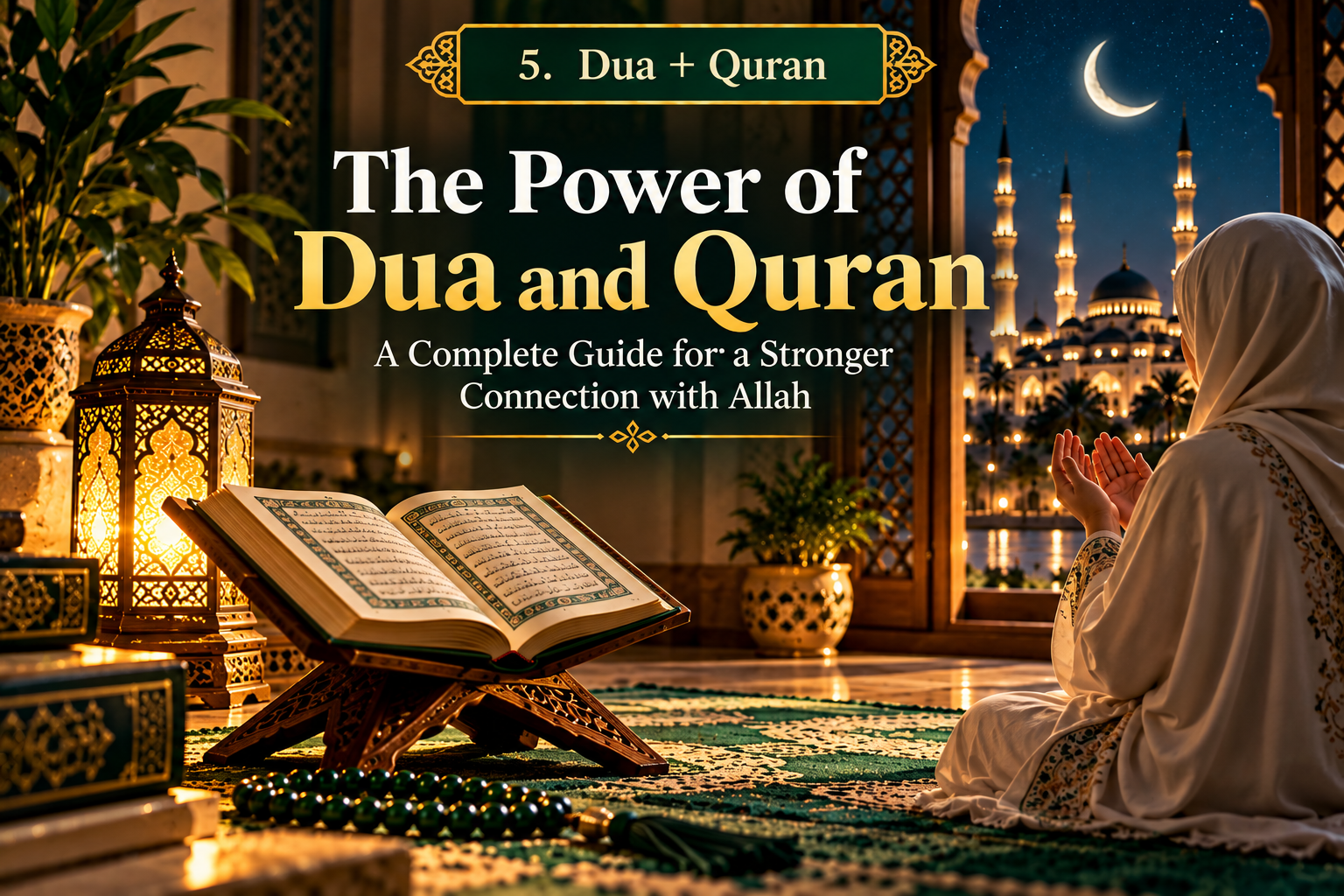 Open Quran and prayer beads on a wooden stand for dua on the odd nights of Ramadan